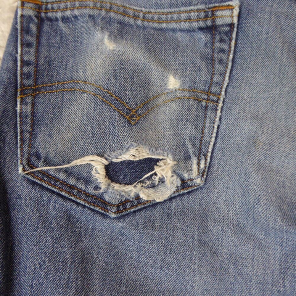 Levis 505 Jeans Mens 33x30 Blue Solid Denim Straight Distressed Workwear Adult - Picture 11 of 16